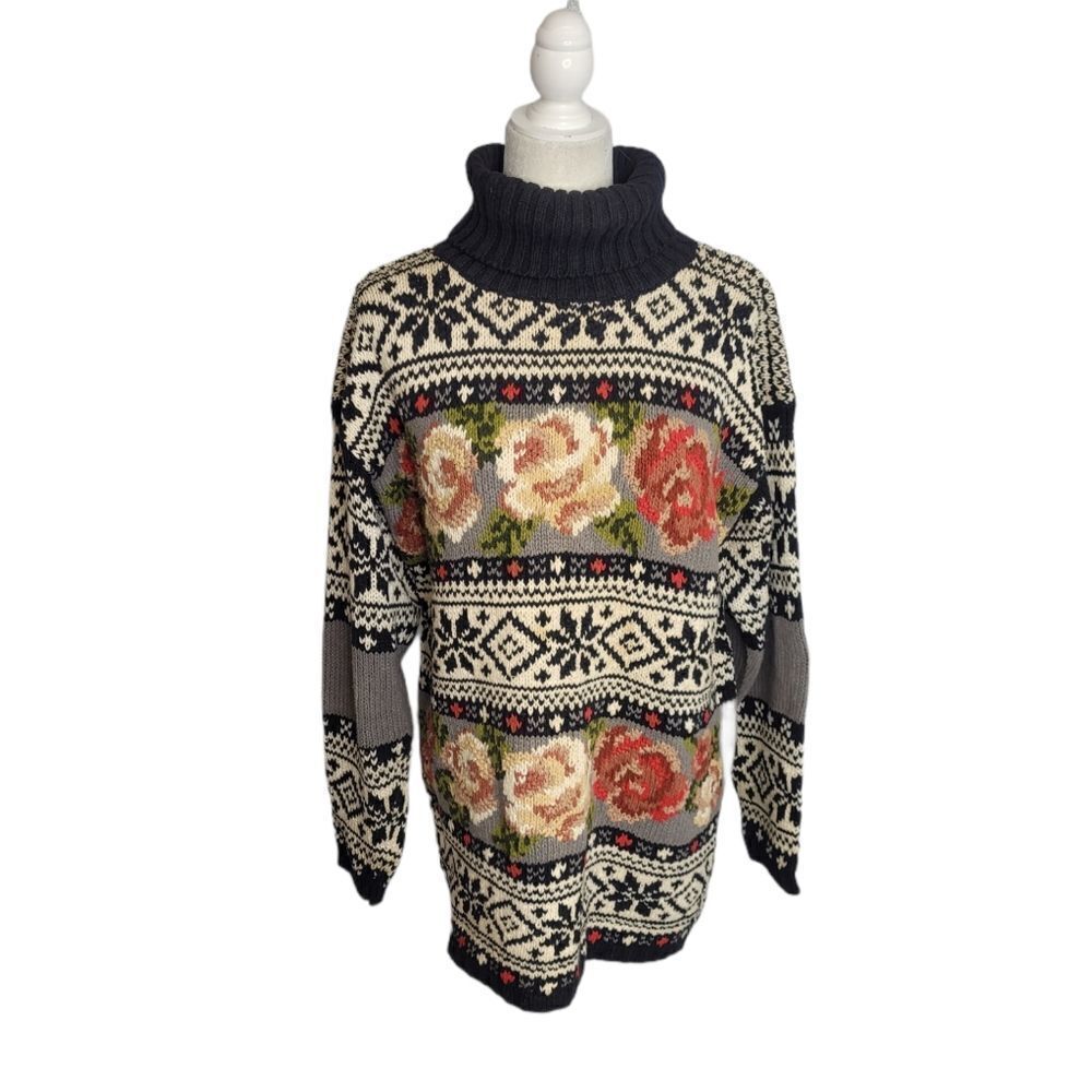 VINTAGE 90s fair isle floral long turtleneck tunic‎ sweater L